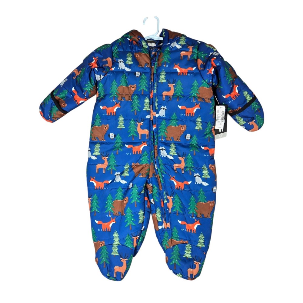 The Childrens Place Puffer Snowsuit Baby 6-9M Blue Woodland Animals NWT